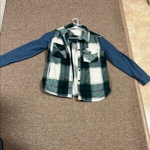 Plaid Flannel Shacket with denim sleeves